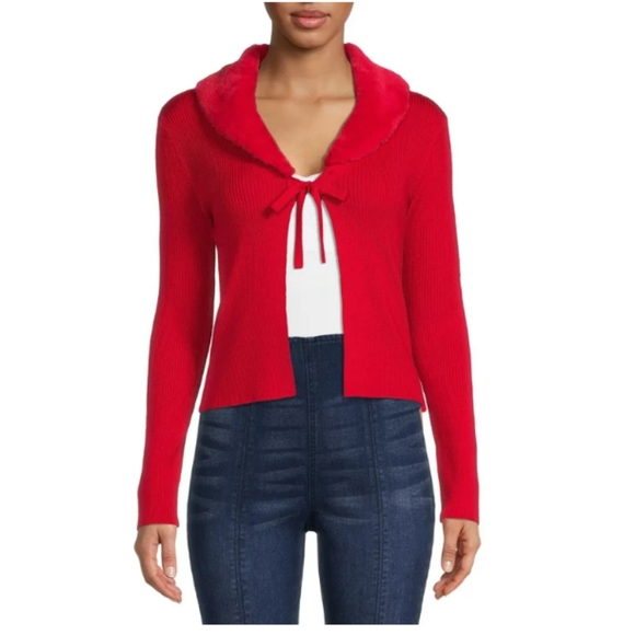 🎀Red Faux Fur Open Tie Front Cardigan NWT - Picture 3 of 8